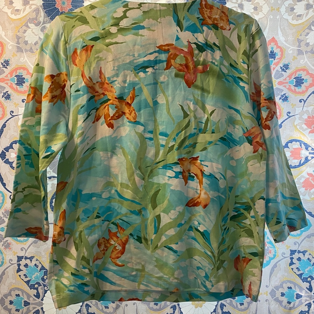 Alfred Dunner Women's Aqua and Orange  koi Fish Print Blouse - Picture 3 of 5
